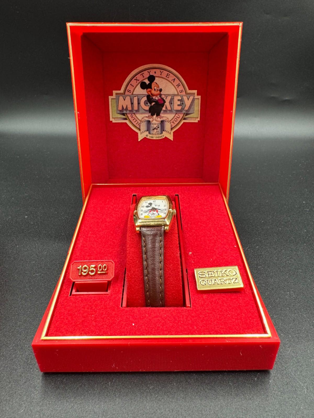 Classic 80's Mickey Mouse Face Leather Strap Watch Japan 2K02-5019 Seiko Quartz