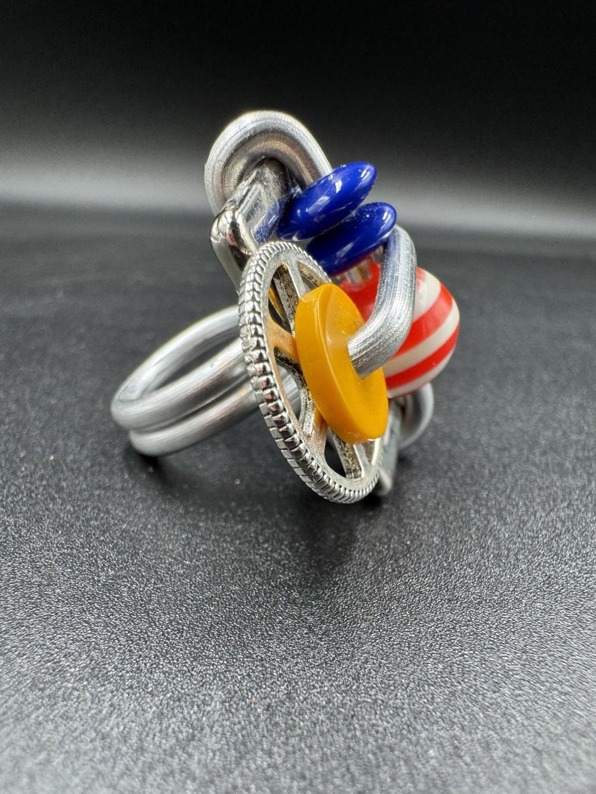 Handmade Bauhaus Inspired Aluminum Puzzle Ring Argentine Designer Striped Bead M