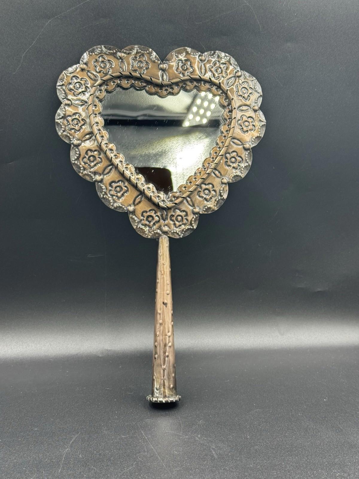 Vintage San Miguel de Allende Hojalata Heart Hand Mirror Tin Folk Art Mexico