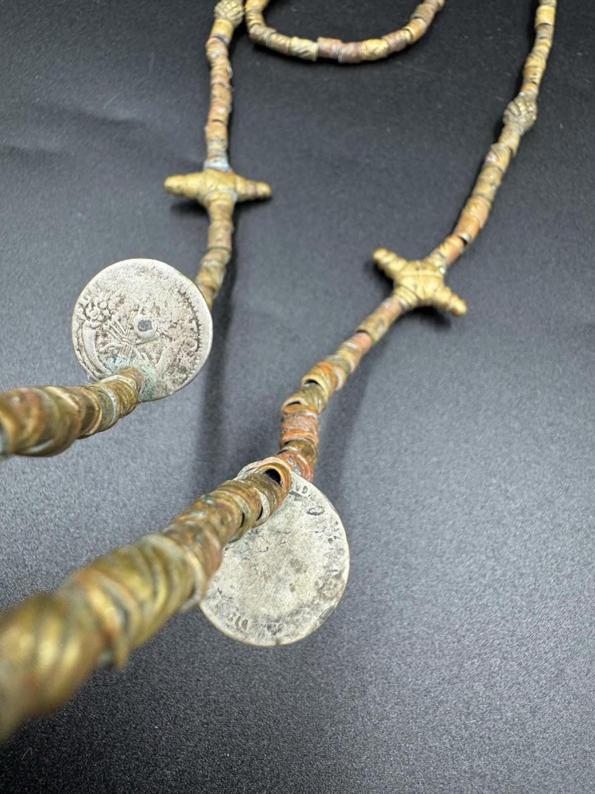 Tuareg Bronze Bead Necklace w/ "de la" Coin Bull Amulet Rare
