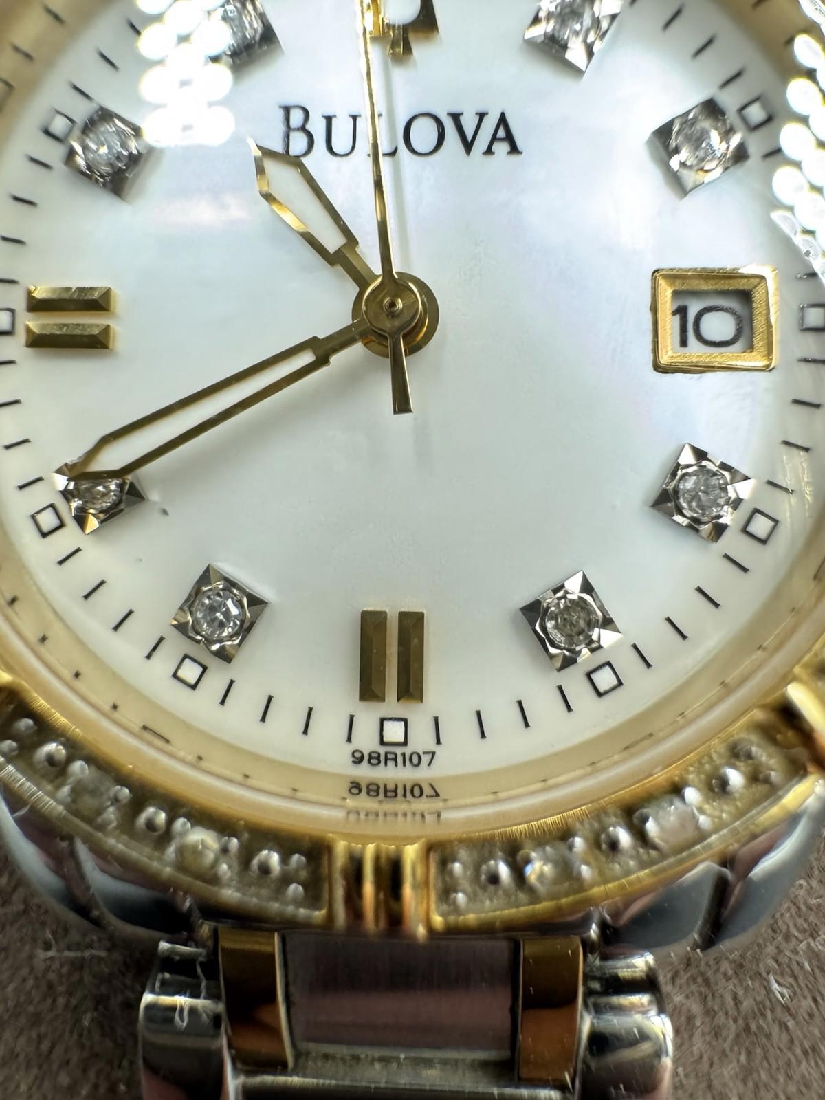 Bulova Watch Women 26mm Silver Gold Tone 98R107 MOP Diamond with New Battery VG