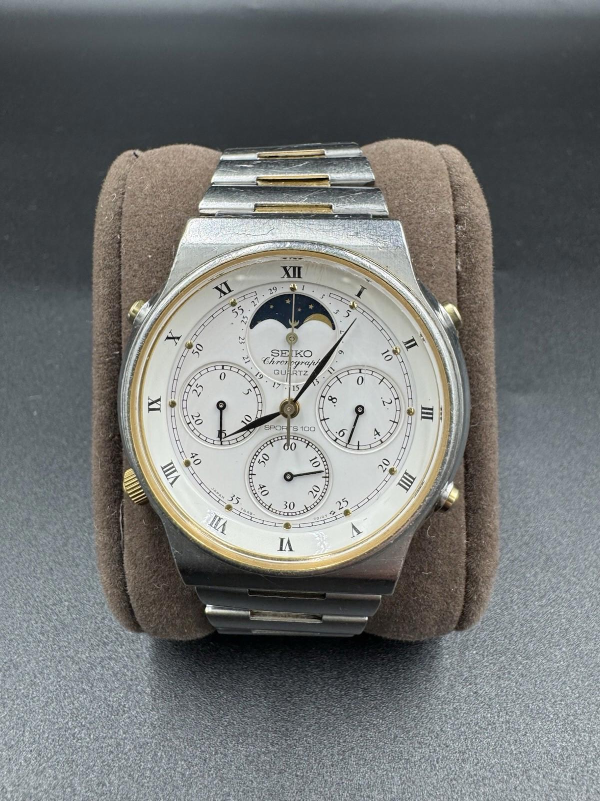 Vintage Seiko Moon Phase Chronograph 7A48-7000 Quartz Date Men's Sports 100 - RD