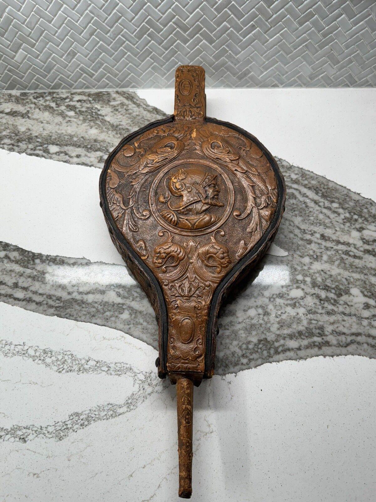 Antique Hand Tooled Leather Fireplace Bellow Wood Vintage