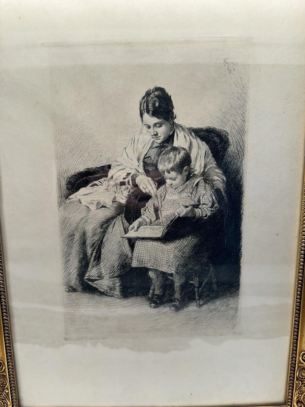 Learning to Read Frants Henningsen Danish Etching 1901