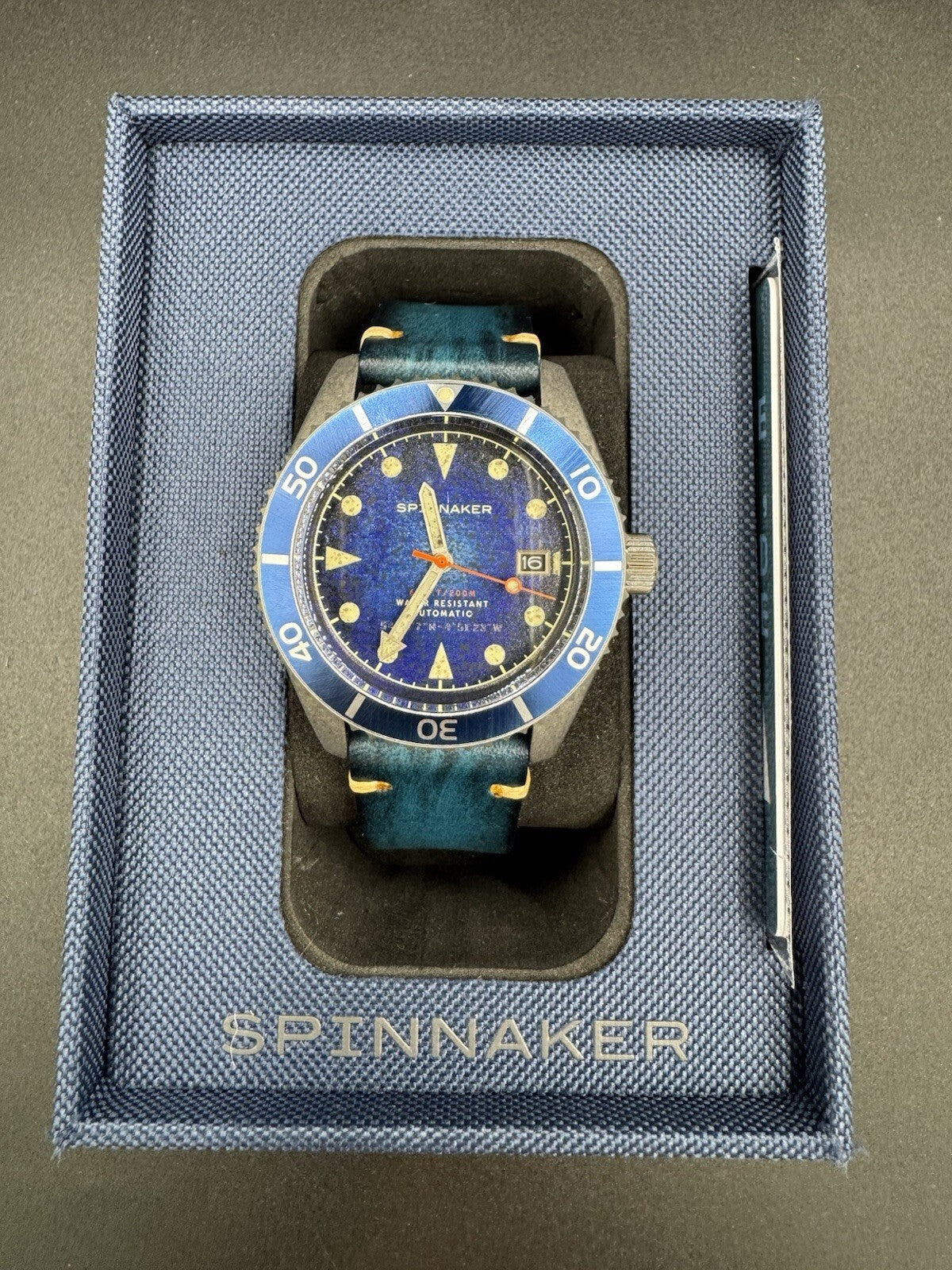 Spinnaker Wreck Auto Diver Oxidized Blue Leather Strap 44mm Watch Near Mint Cond