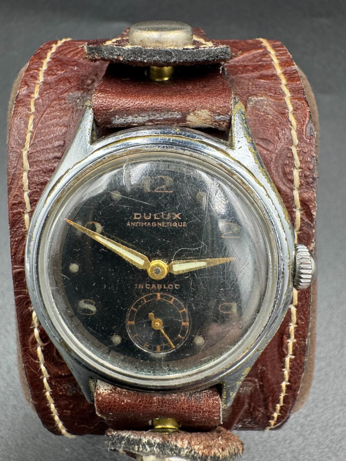 Vintage 1950s Dulux Antimagnetique Incabloc Black Gilt Dial Rau Fastener Bund St