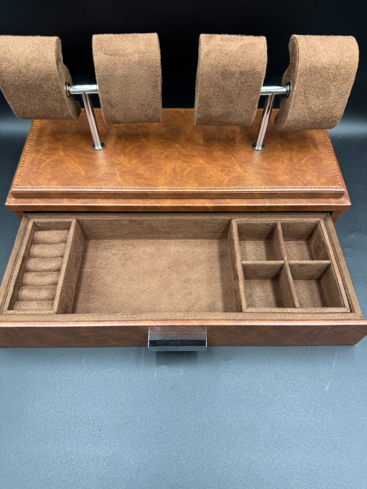 ROTHWELL 4 Slot Leather Watch Box with Valet Drawer - Luxury Case Display Brown
