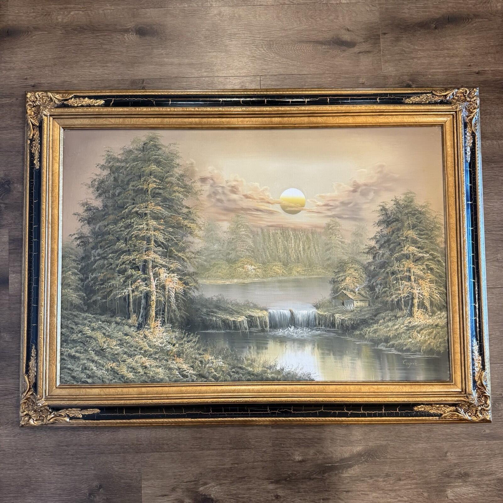 Original Signed “Capri” Oil Painting Forest Lake Cabin Waterfall Sunset Framed G