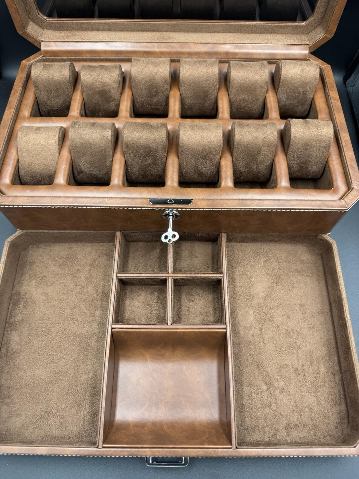 ROTHWELL 12 Slot Leather Watch Box - Luxury Case 12 - Tan / Brown - Near Mint Co