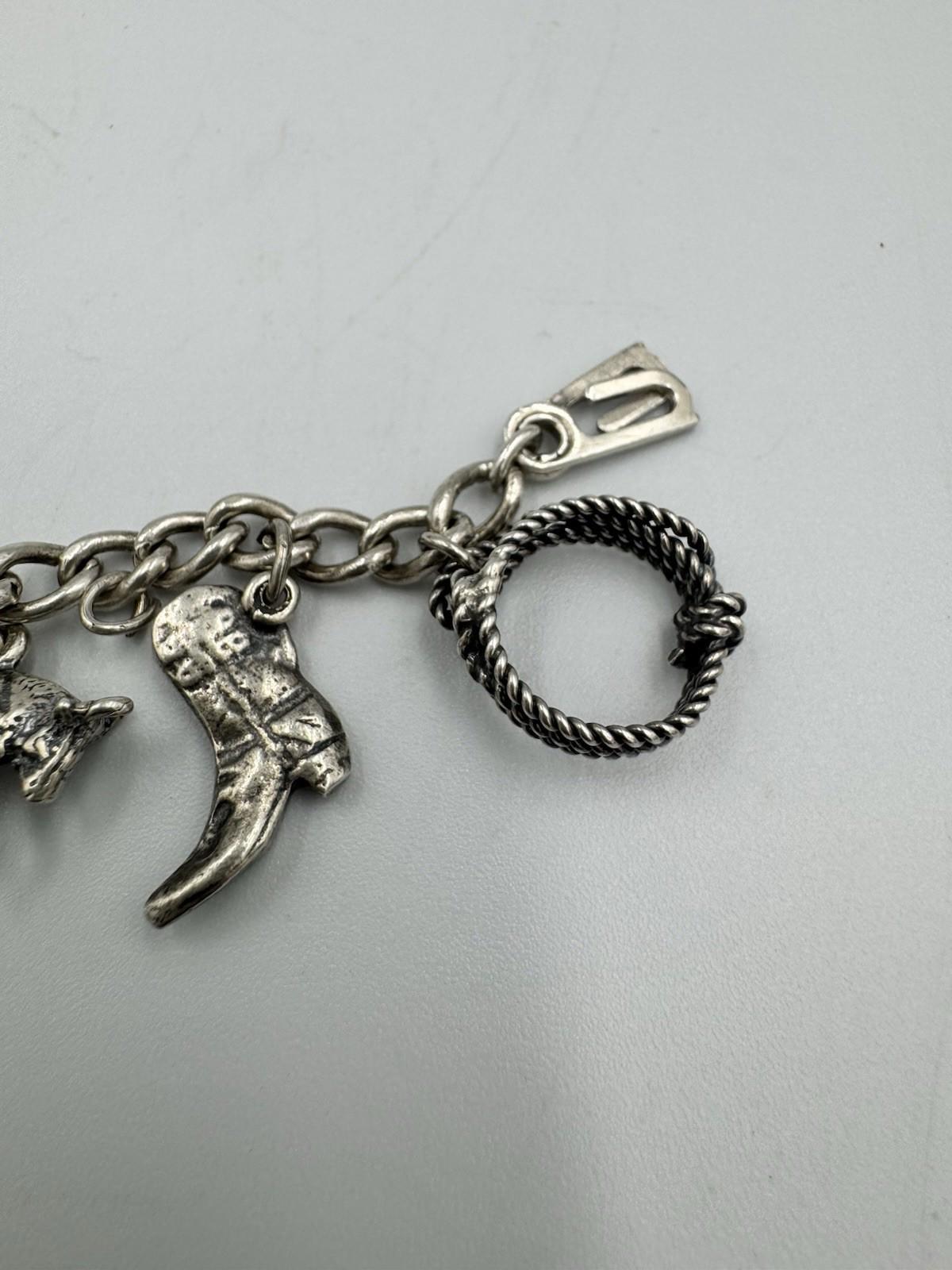 Vintage Sterling Silver Charm Bracelet Southwestern Cowboy Bull Boot Wild West G