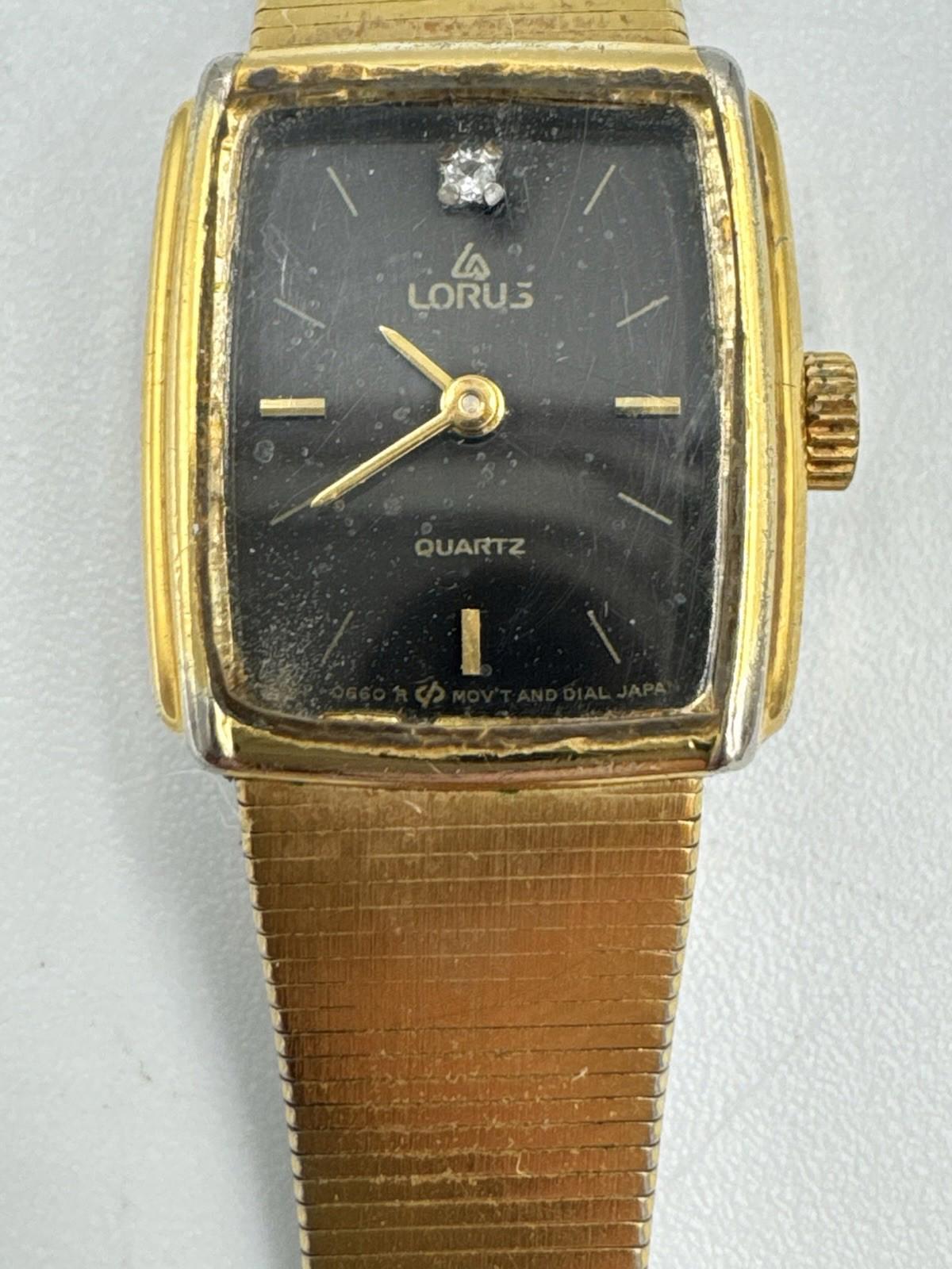 Vtg Lorus Watch Women V232-5490 16mm Gold Tone Black Dial