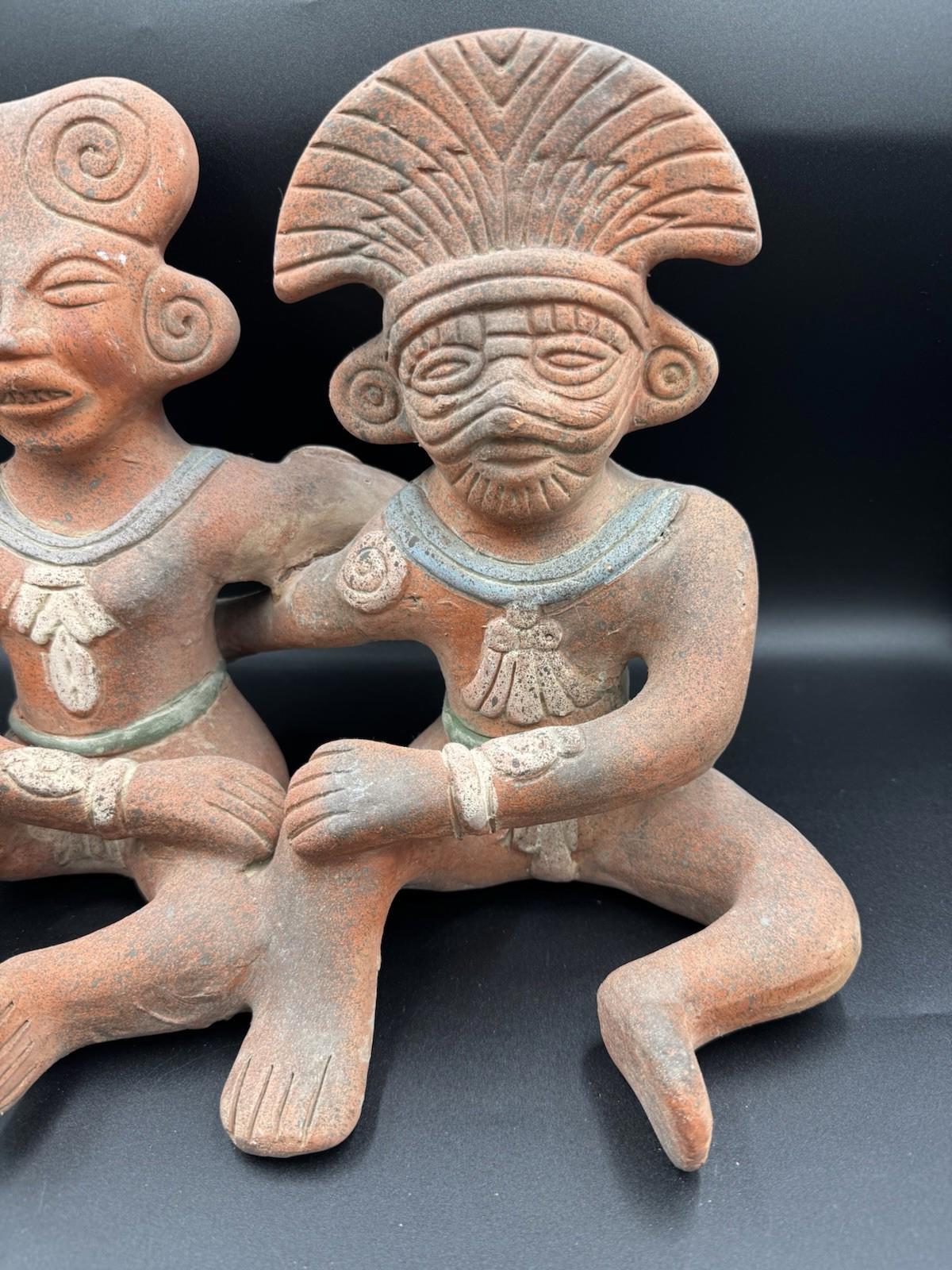 Vintage Mexican Folk Art Pre-Columbian Style Mayan Couple Connected Figurine