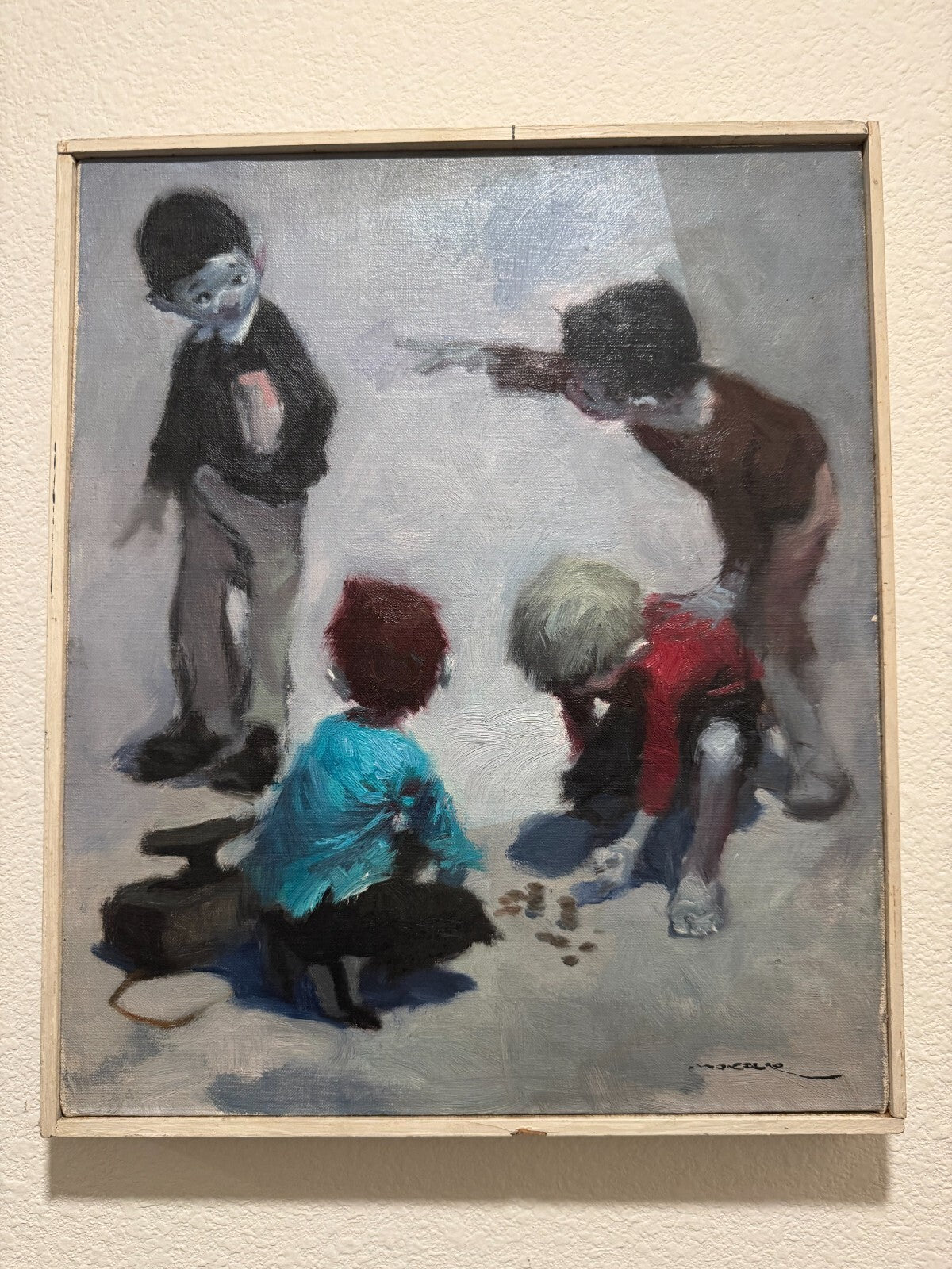 Marcello Signed Oil Painting Children Playing Coins Original Canvas Great Condit