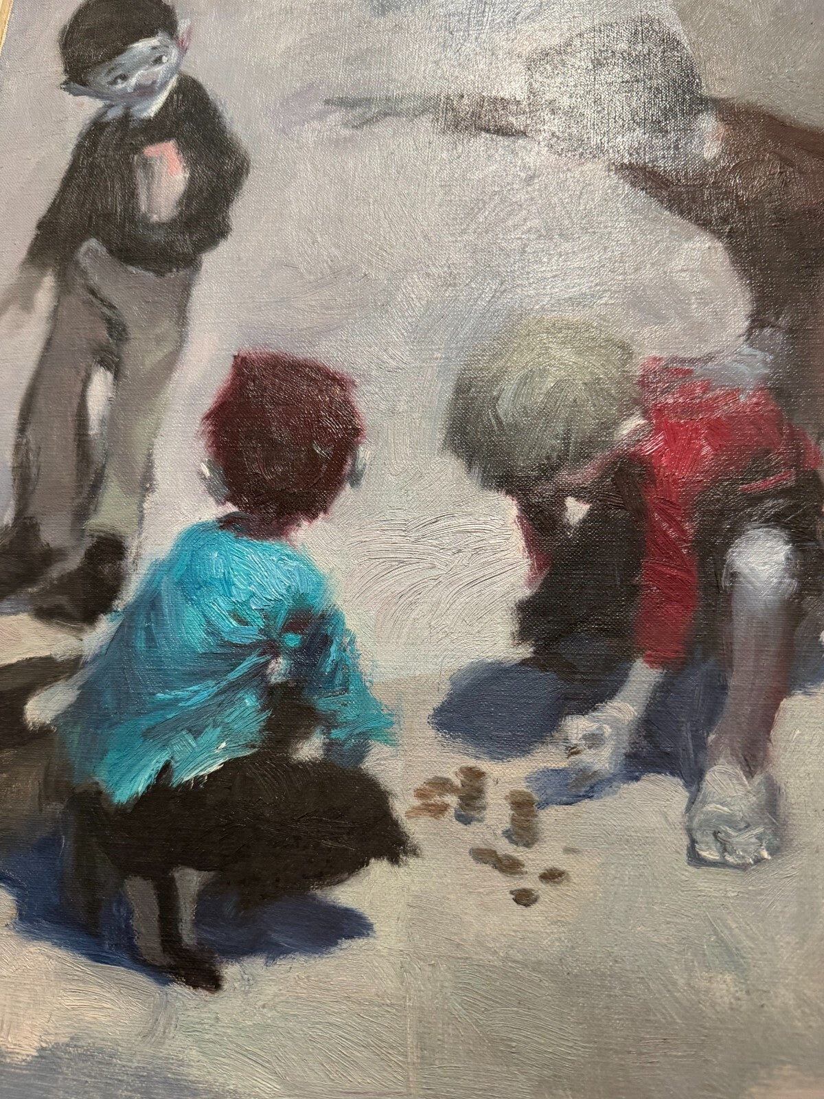 Marcello Signed Oil Painting Children Playing Coins Original Canvas Great Condit