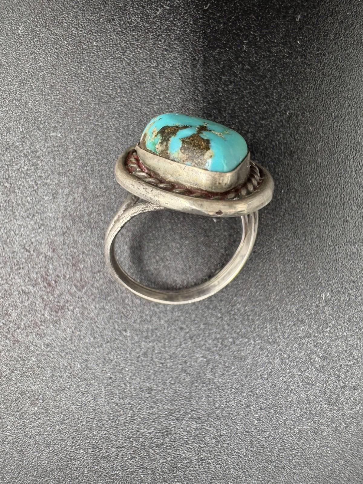 Vintage Navajo Turquoise Ring Sterling Silver Natural Stone Matrix Twisted Rope