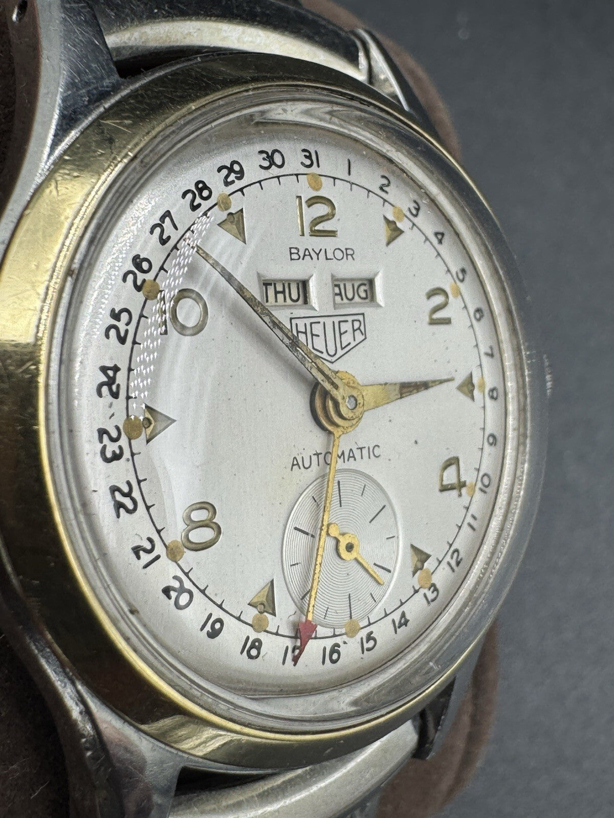 Antique Baylor Heuer Triple Date Bumper Automatic Watch 10K GF TOP CAPS Serviced