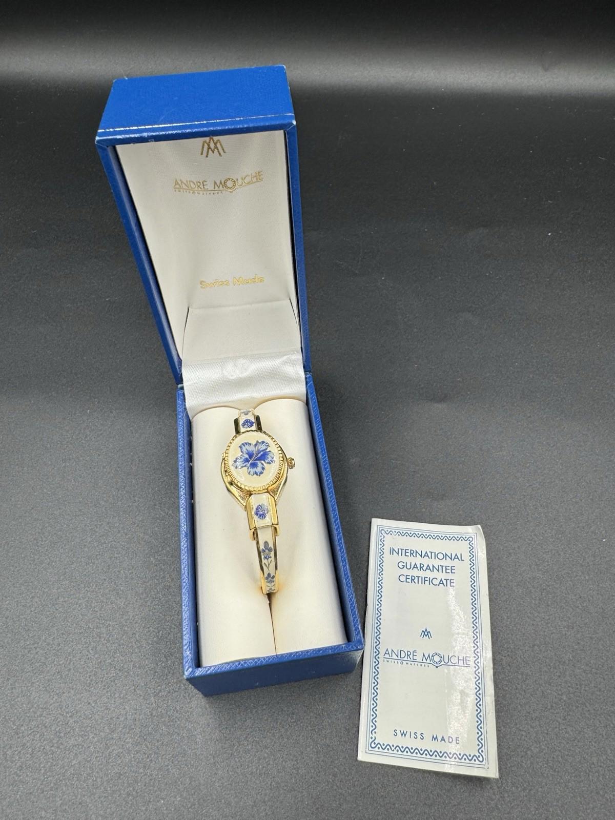 Vintage Andre Mouche Gold Tone Peekaboo Watch White Enamel Blue Flowers with box