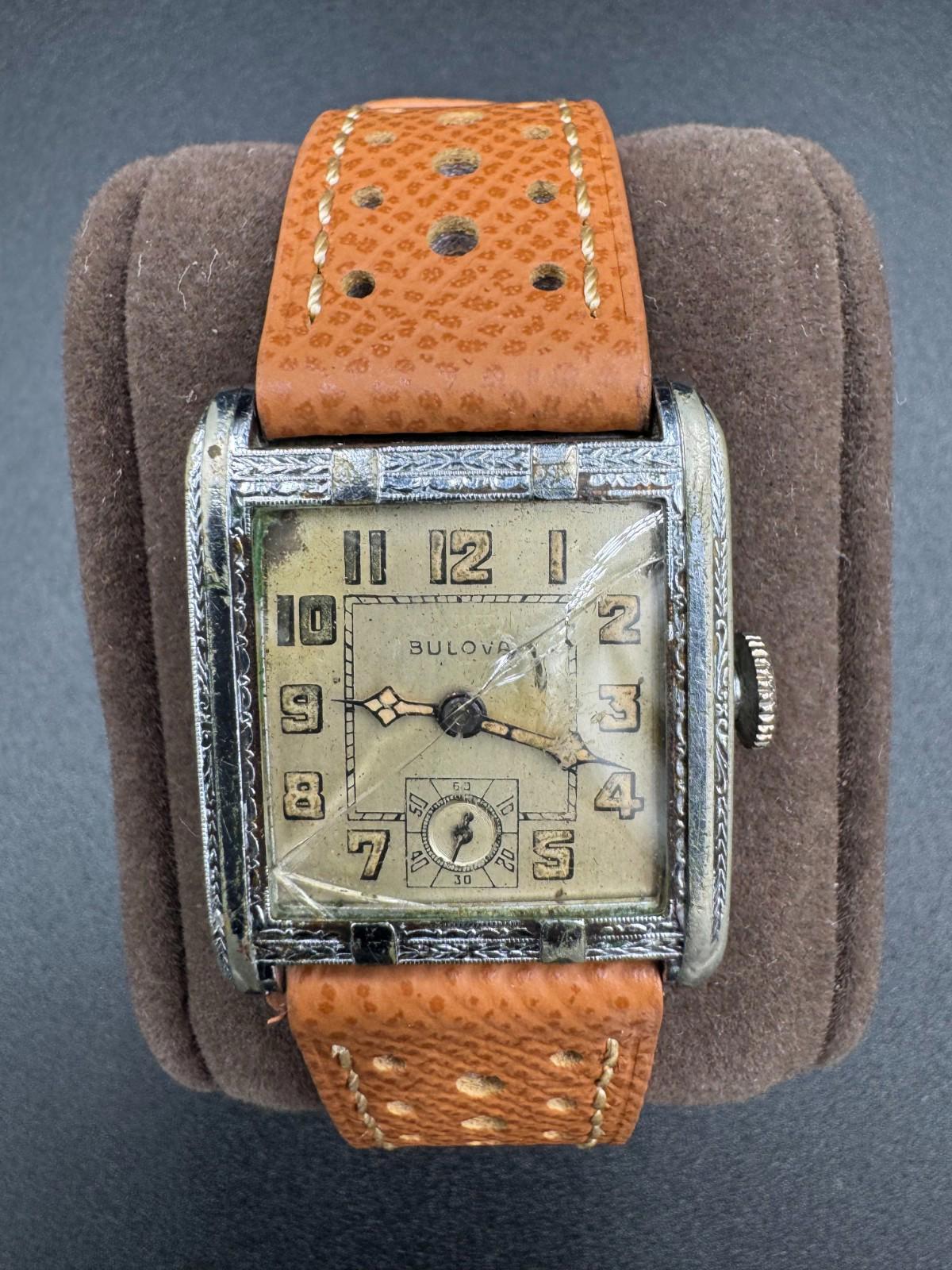 Vintage 1930s Bulova Engraved Tank Pat Jan 11 1927 17J Swiss Non-Running Cracked