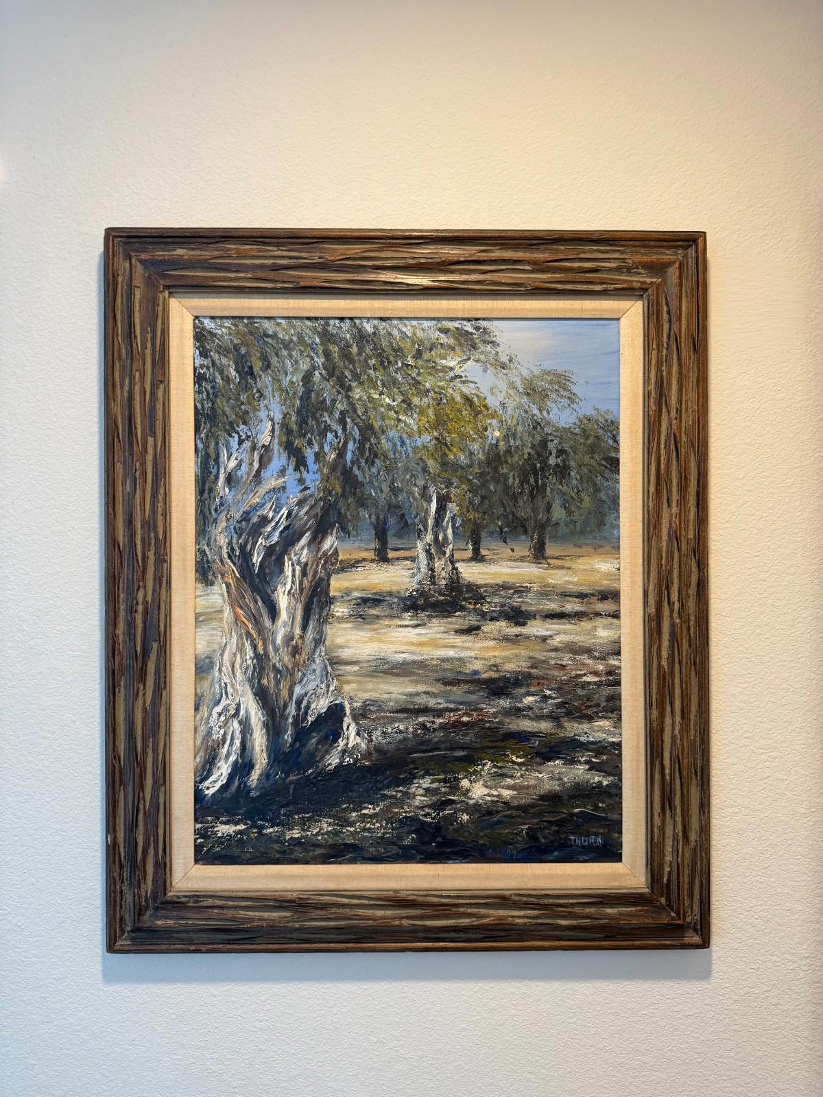 Vintage Framed Oil Painting Gnarled Olive Trees Landscape Signed Thorn 30x36 NM+