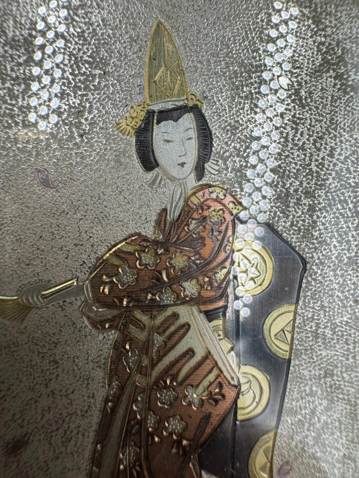 Vintage Japanese Damascene Geisha Plaque Real Silver Gold Inlay Framed K24 Japan