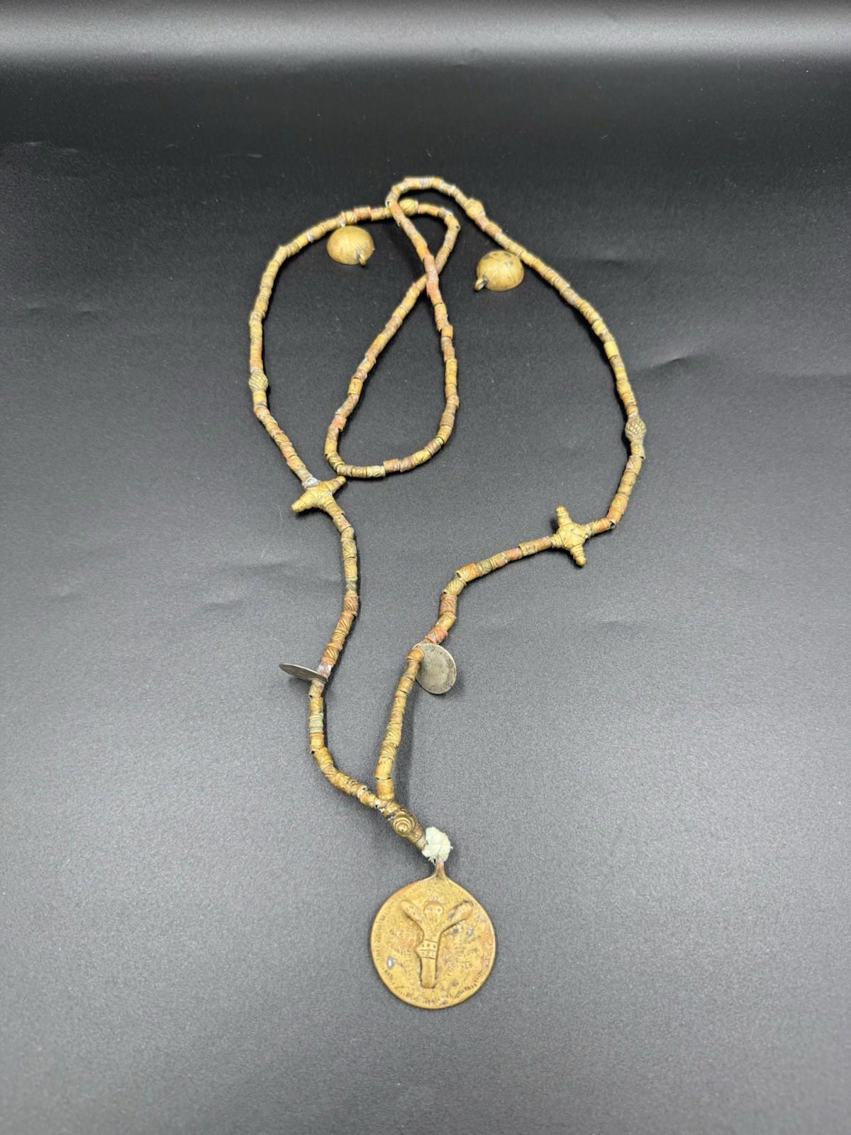 Tuareg Bronze Bead Necklace w/ "de la" Coin Bull Amulet Rare