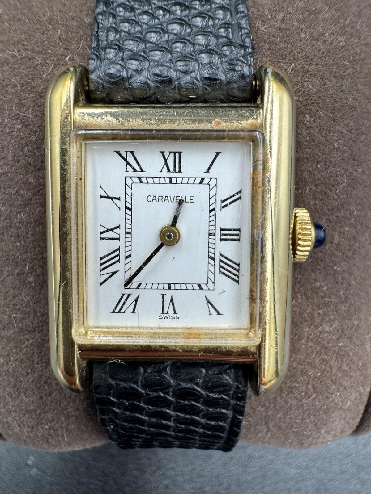 Caravelle Women's Tank Rectangle Watch Gold Tone Roman Numeral Dial Manual Wind