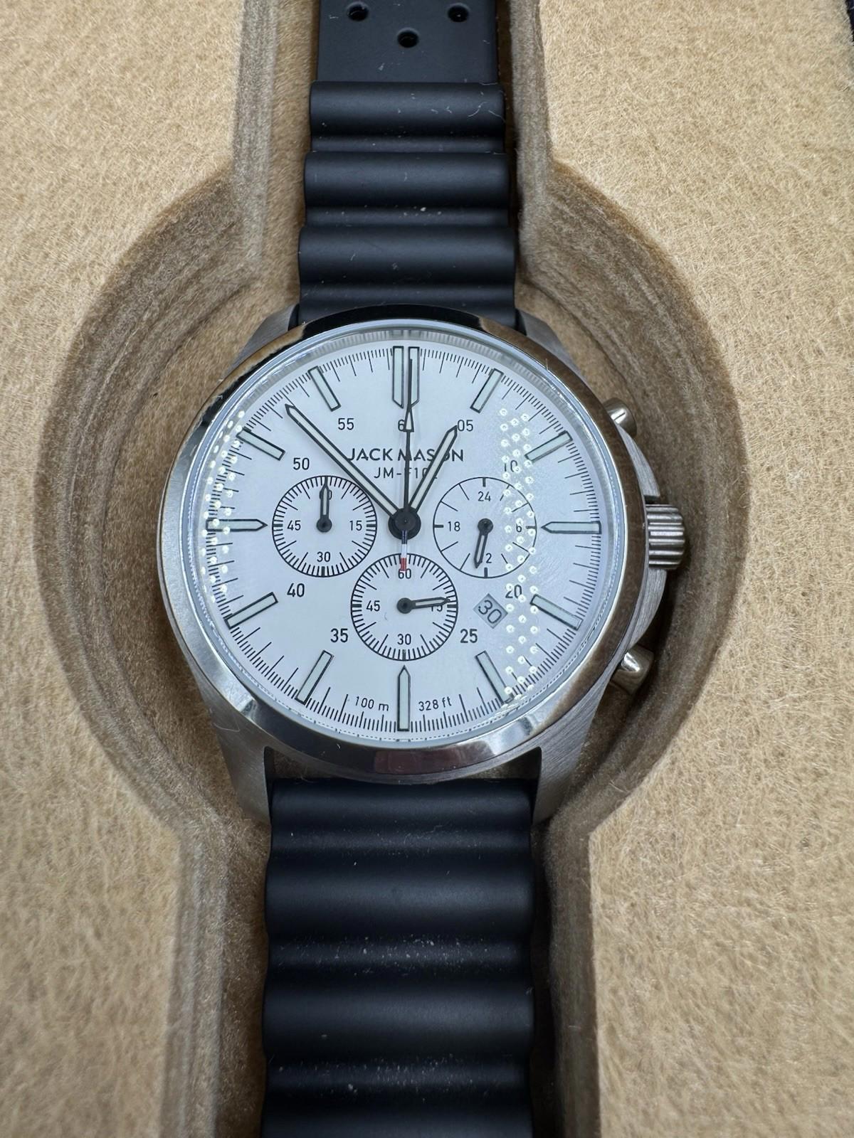 Jack Mason JM-F102 Chronograph Watch White Dial 38mm w/ Box Black Rubber Band OG