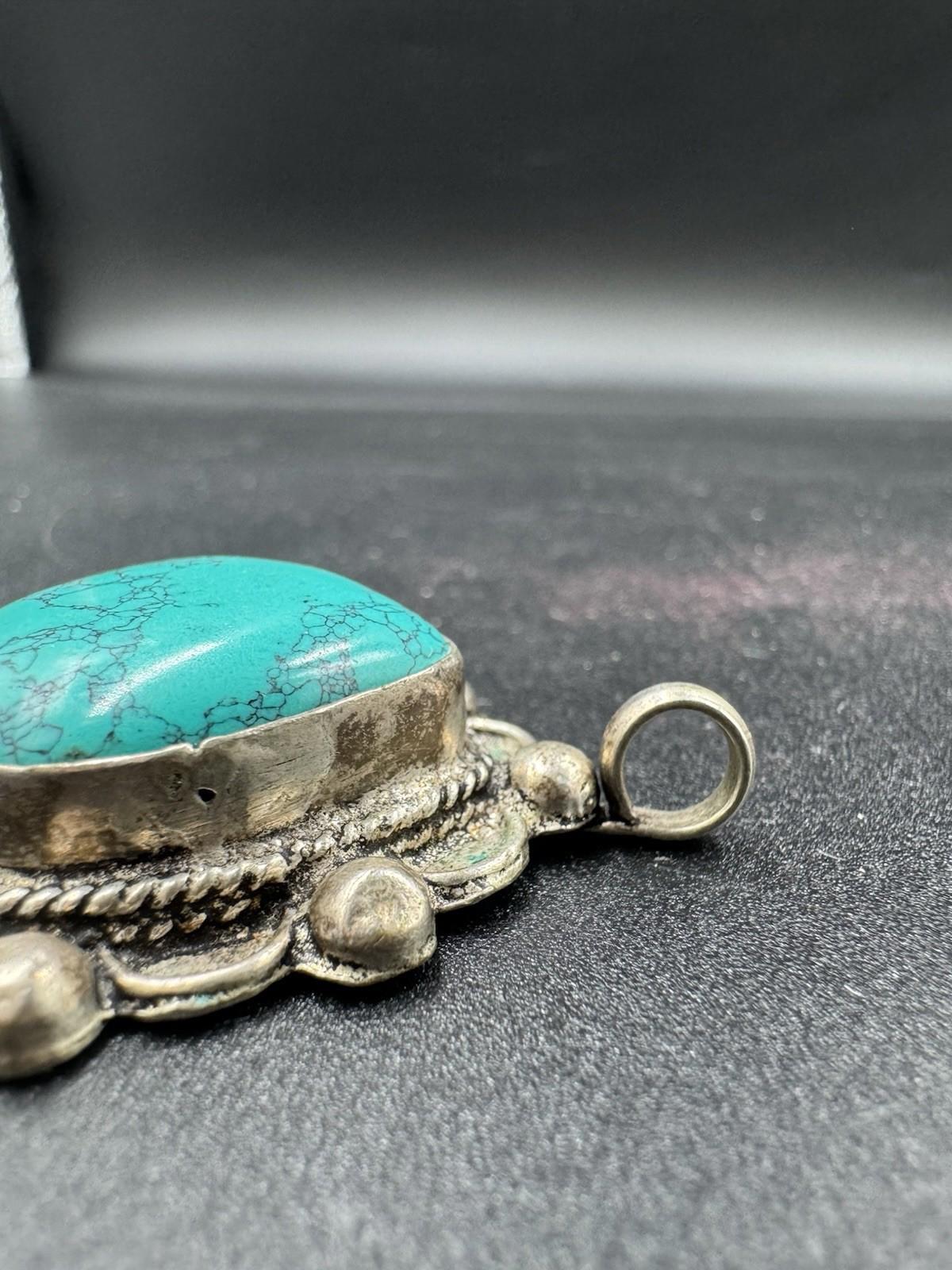 Vintage Navajo Turquoise Pendant Sterling Silver Spiderweb Matrix Heart Shape 22