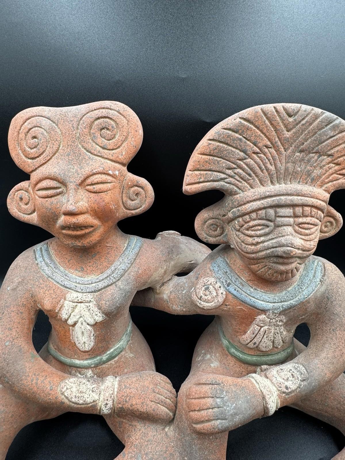 Vintage Mexican Folk Art Pre-Columbian Style Mayan Couple Connected Figurine