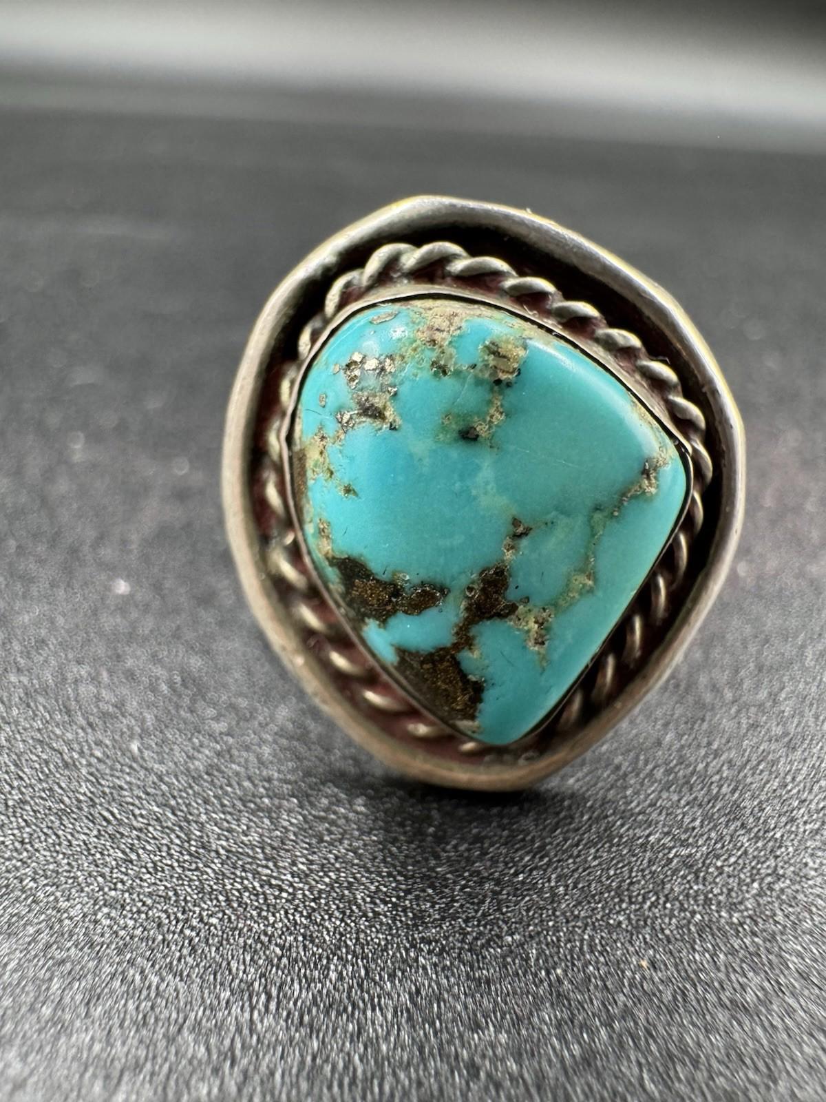 Vintage Navajo Turquoise Ring Sterling Silver Natural Stone Matrix Twisted Rope
