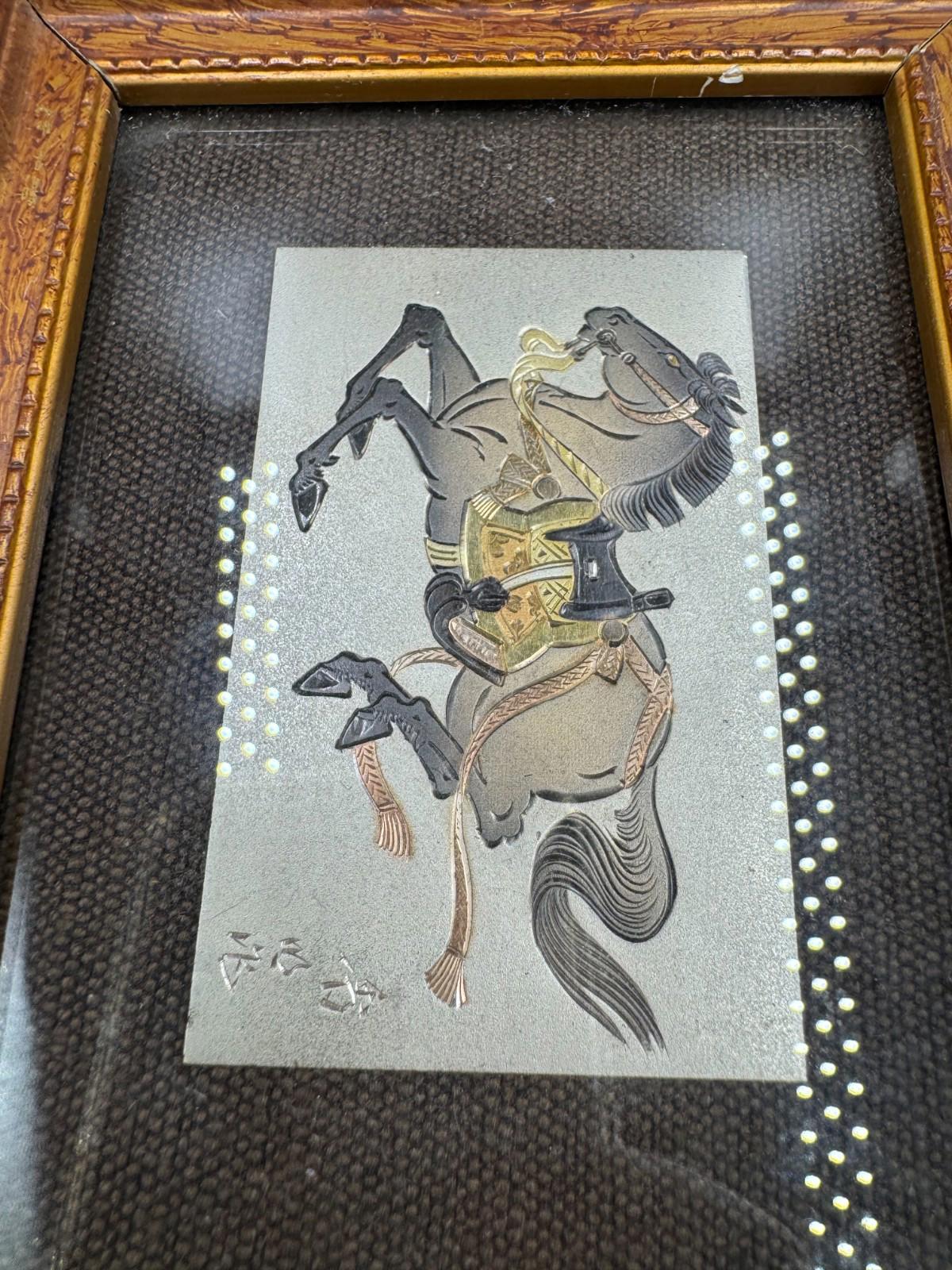 Vintage Japanese Damascene Horse Rider Plaque Silver Gold Inlay Framed K24 Japan