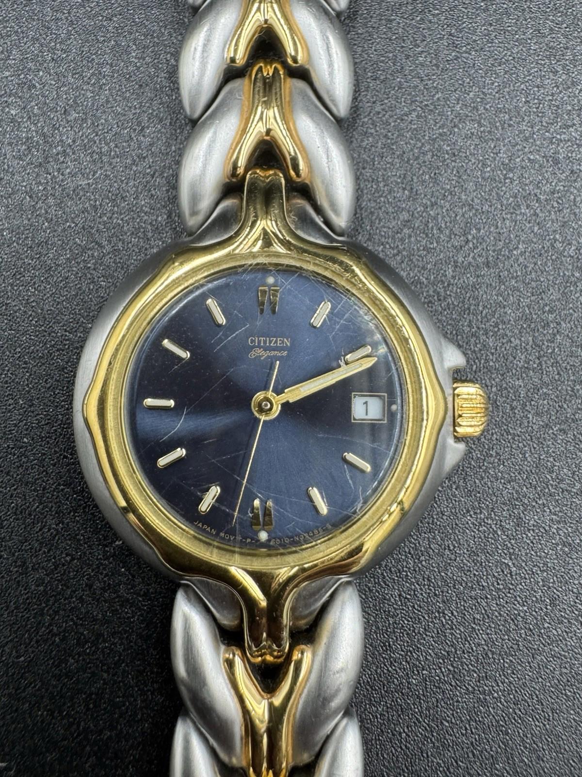Vintage Citizen Elegance Ladies Two-Tone Quartz Watch Blue Dial GN-0-S 1990s VG