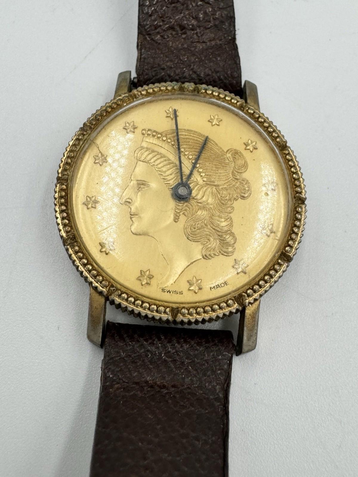 Buler Swiss Coin-Style Dial Watch Liberty Motif Rare 60s