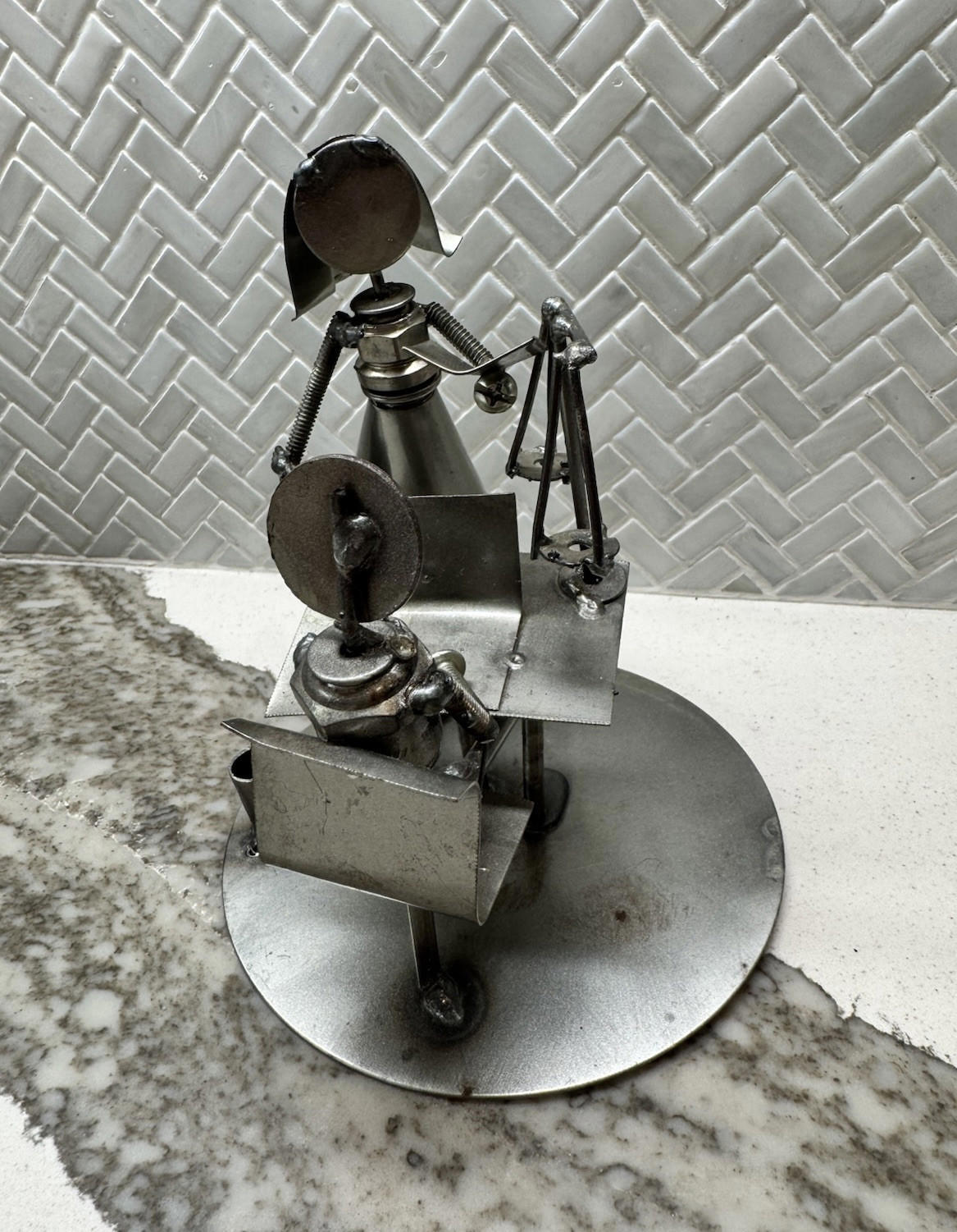 Metal Sculpture Art Recycled Handcrafted Figure Rustic Buss.