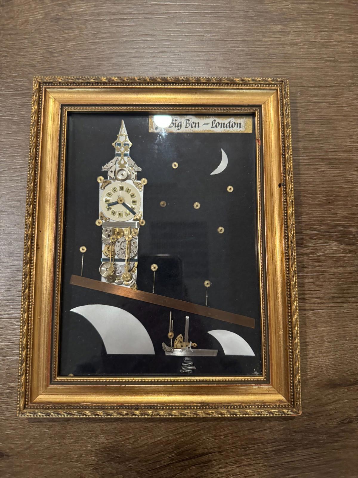 Vintage Framed Big Ben London Horological Collage Watch Parts Art Lucerna Unique