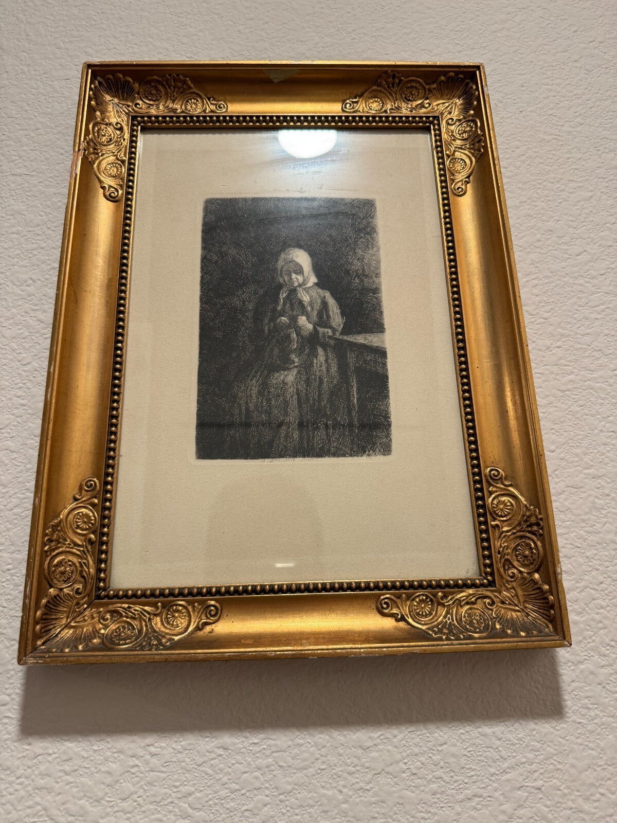 Antique 1900 Etching Old Woman Knitting Sewing J.V.N. Framed Very Good Condition