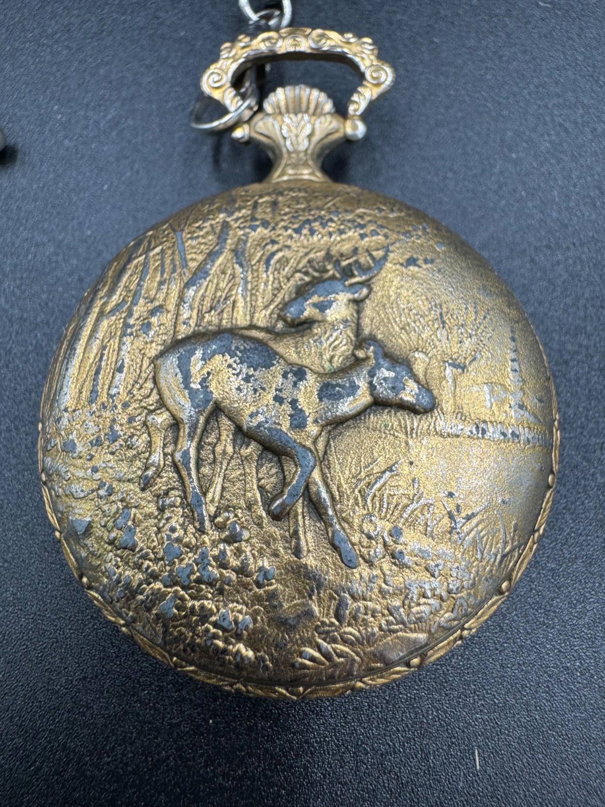 Vintage Majestime Swiss 17 Jewels Incabloc Deer Hunter Pocket Watch Chain To Dad