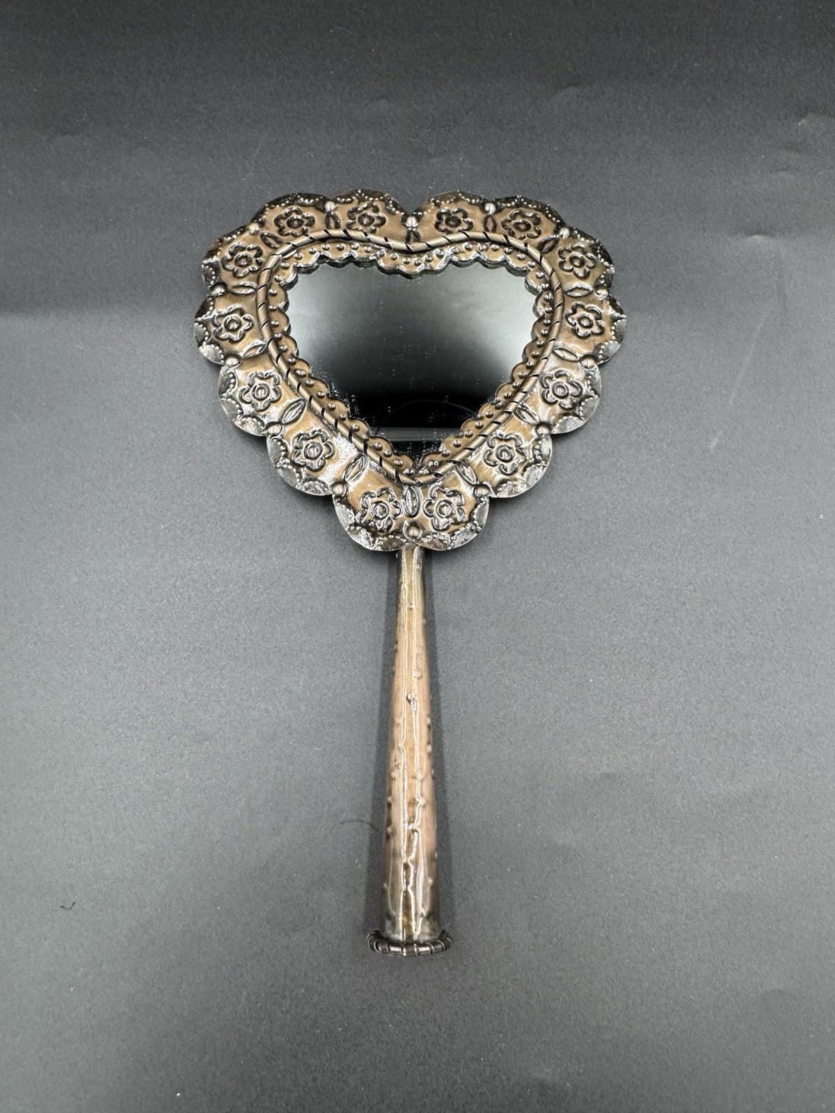 Vintage San Miguel de Allende Hojalata Heart Hand Mirror Tin Folk Art Mexico