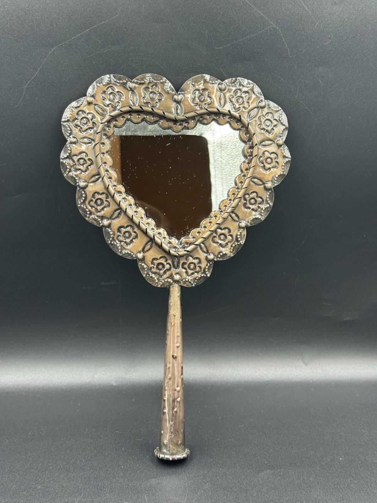 Vintage San Miguel de Allende Hojalata Heart Hand Mirror Tin Folk Art Mexico