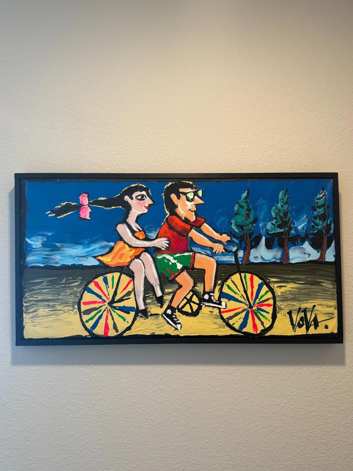 Original Vova Vladimir Mingar Acrylic Painting Bicycle Couple Signed with COA NM
