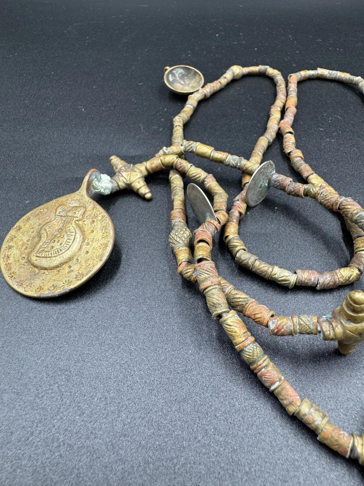 Tuareg Bronze Bead Necklace w/ "de la" Coin Bull Amulet Rare