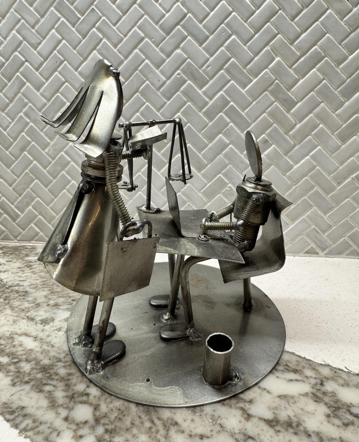 Metal Sculpture Art Recycled Handcrafted Figure Rustic Buss.