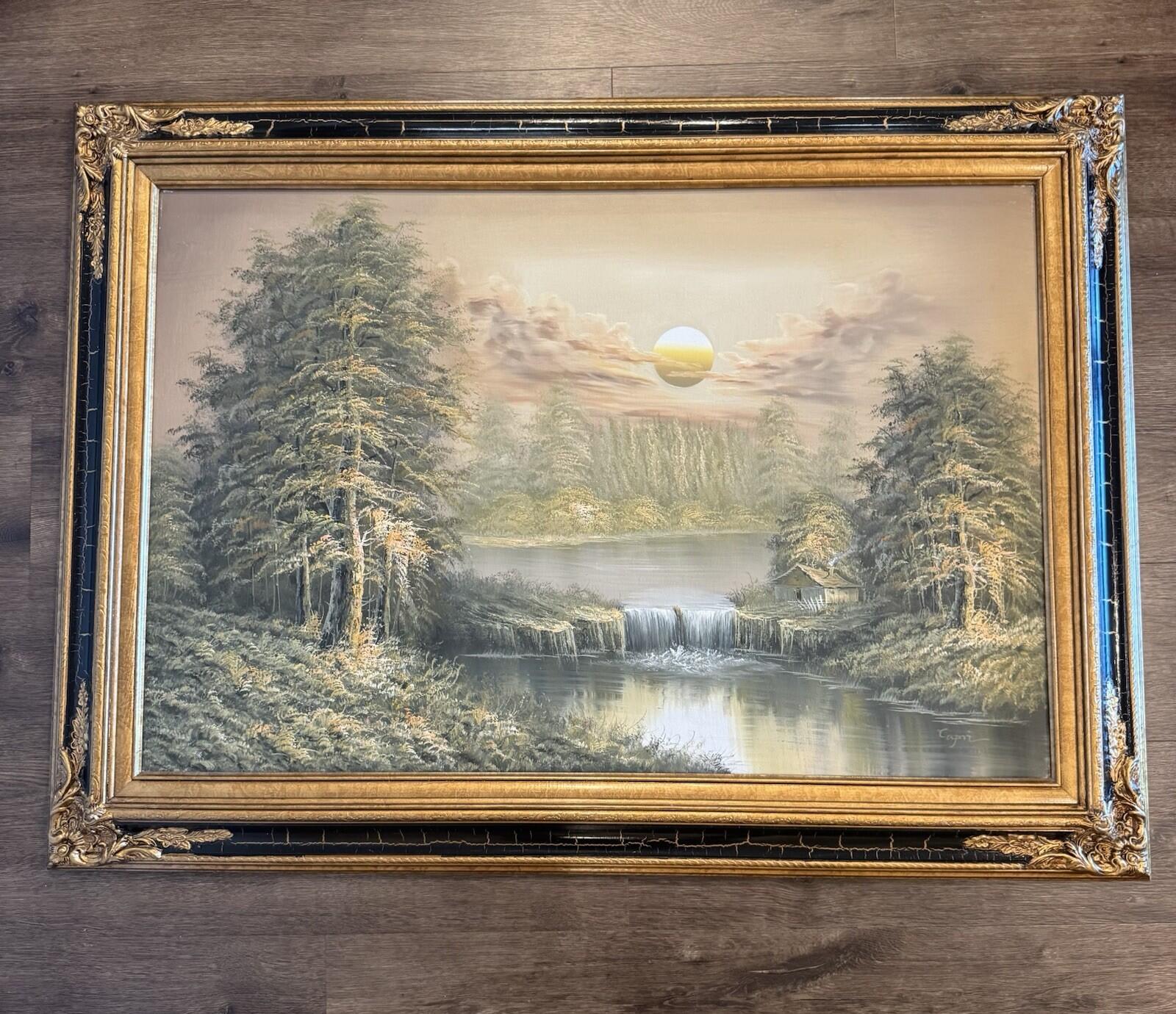 Original Signed “Capri” Oil Painting Forest Lake Cabin Waterfall Sunset Framed G