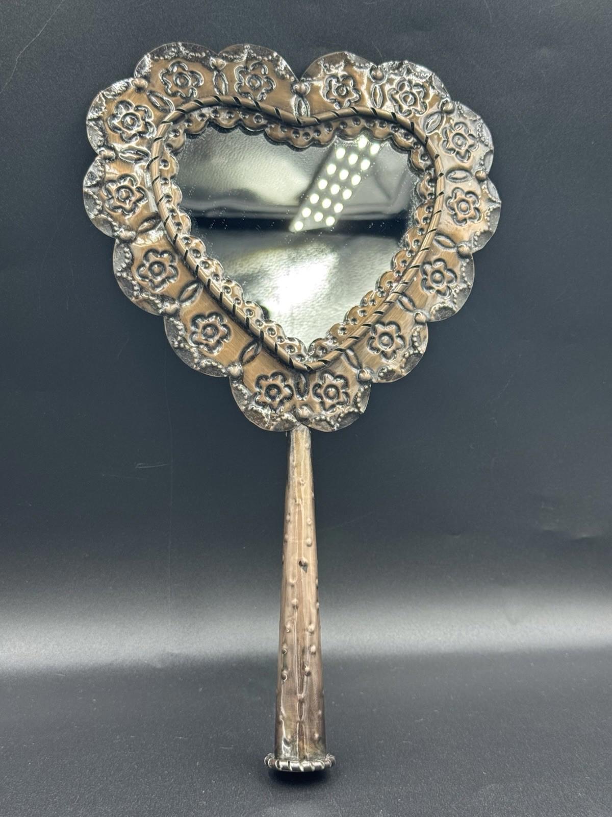 Vintage San Miguel de Allende Hojalata Heart Hand Mirror Tin Folk Art Mexico