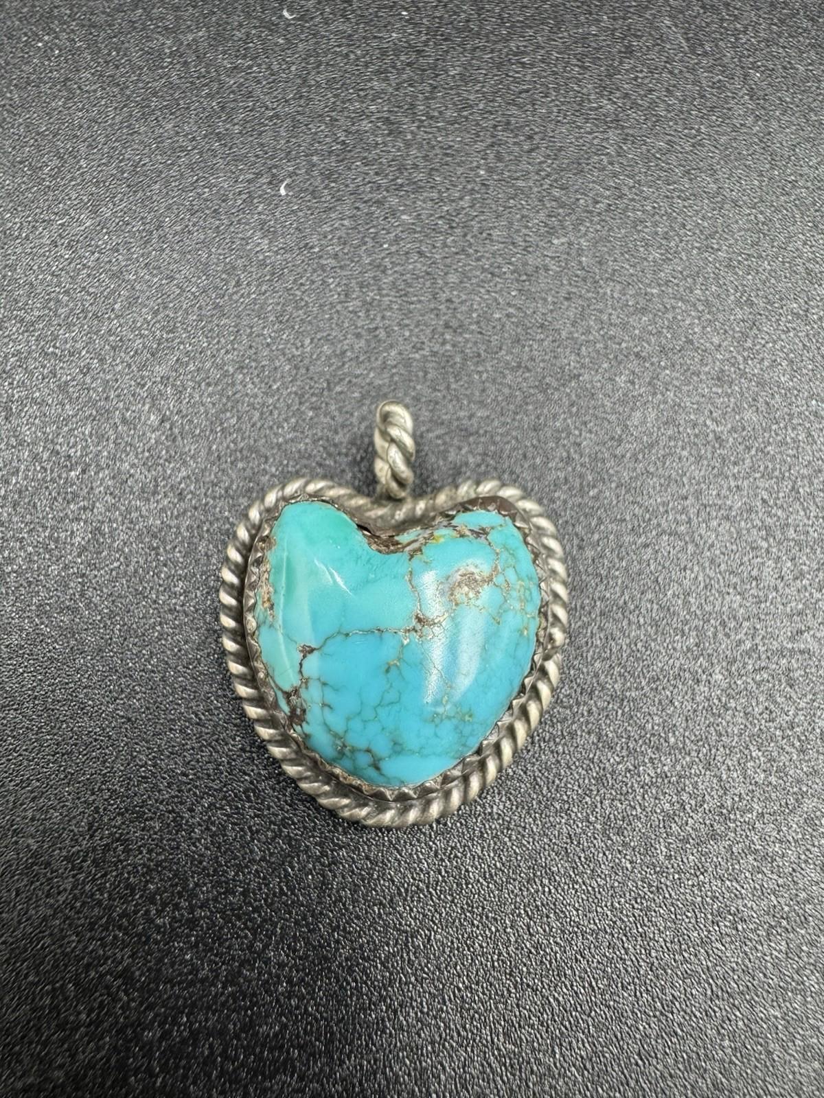 Vintage Navajo Turquoise Heart Pendant Silver Marked AG 5.39g See Condition VG+