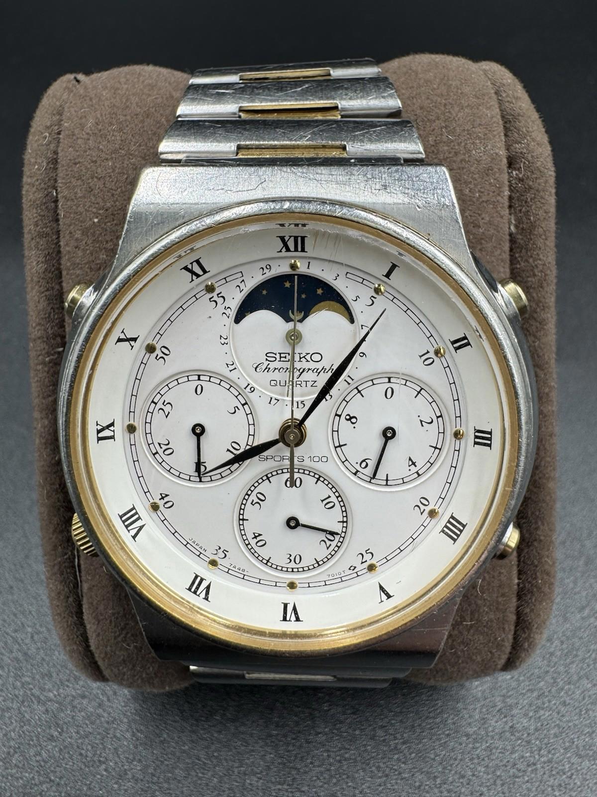 Vintage Seiko Moon Phase Chronograph 7A48-7000 Quartz Date Men's Sports 100 - RD