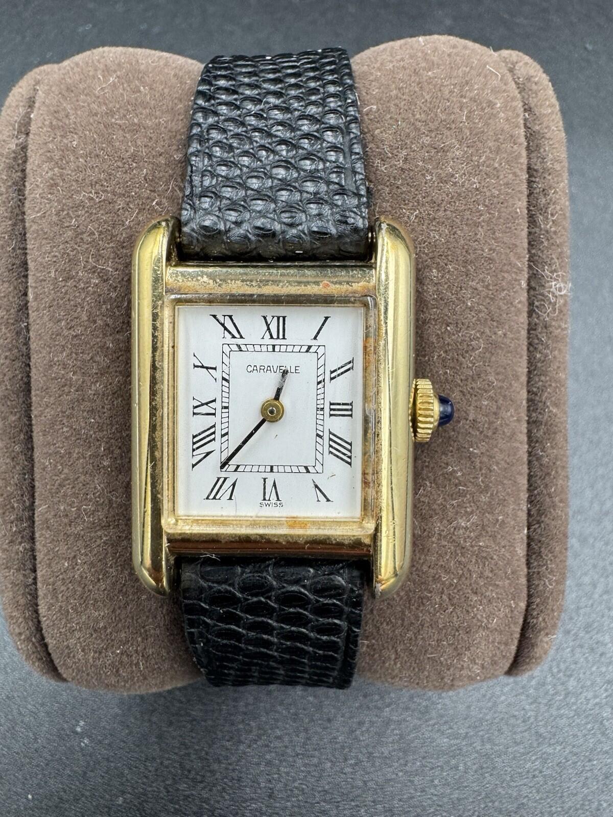 Caravelle Women's Tank Rectangle Watch Gold Tone Roman Numeral Dial Manual Wind