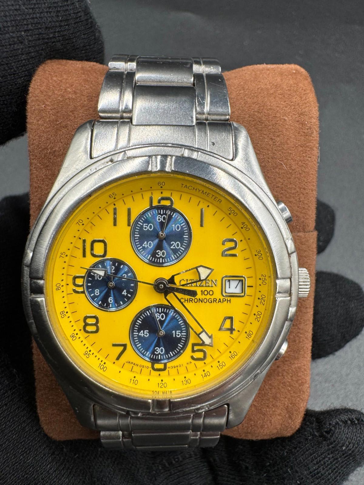 Citizen Mens Sport Chronograph Watch Yellow Panda Dial Date 38mm SS Bracelet WR