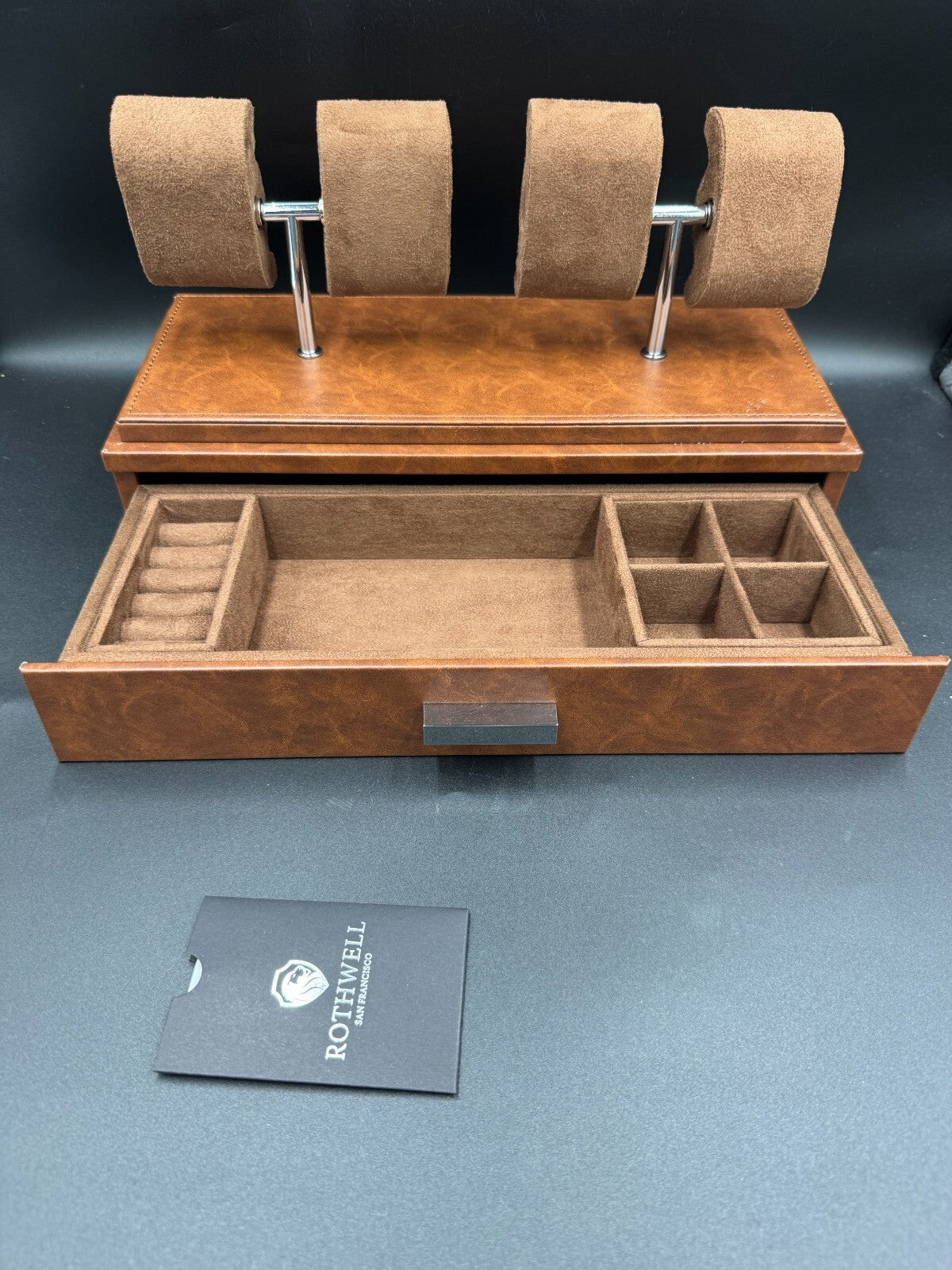 ROTHWELL 4 Slot Leather Watch Box with Valet Drawer - Luxury Case Display Brown