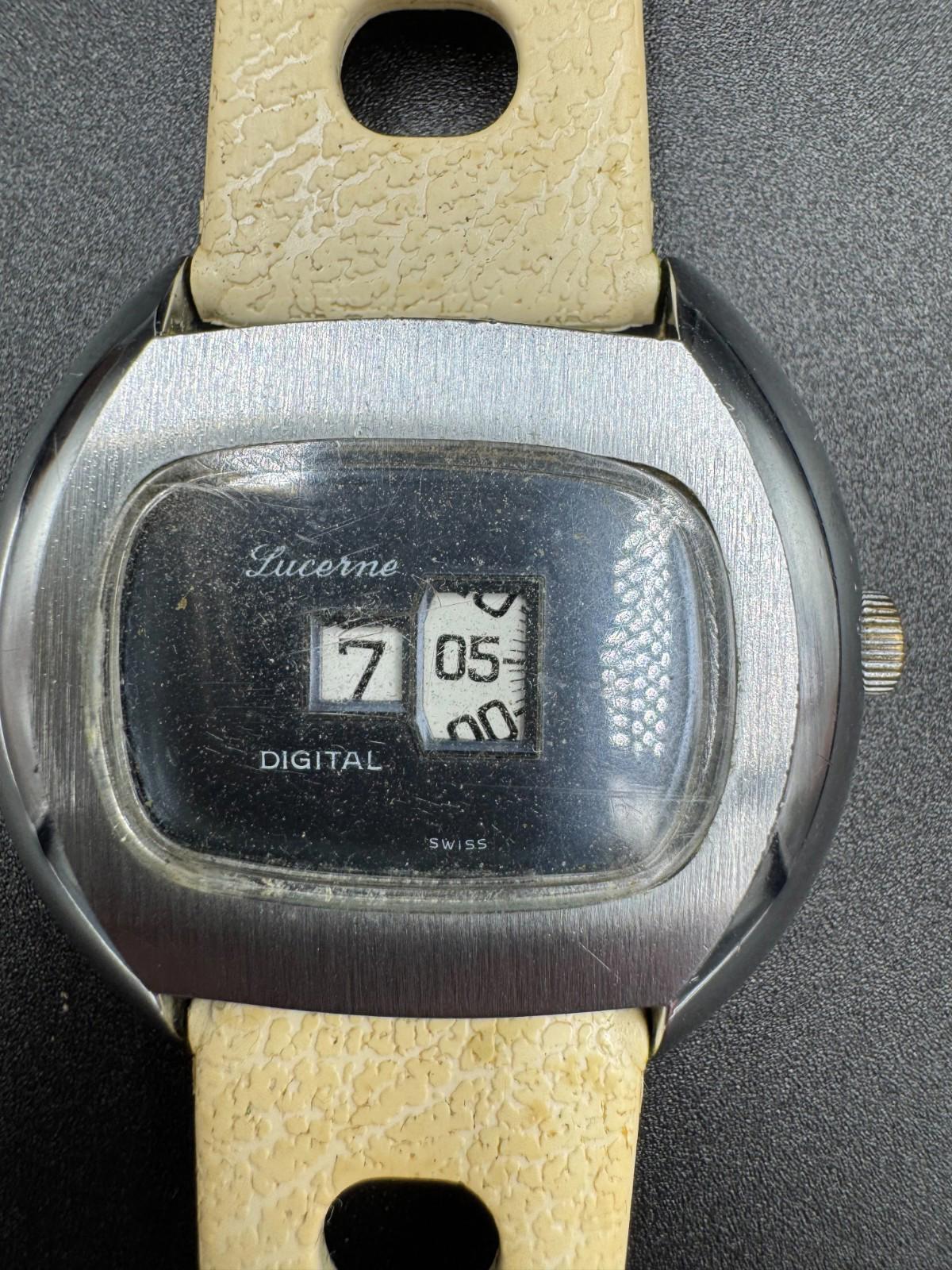 Rare Vintage Lucerne Digital Jumping Hour Swiss Mechanical Watch 1970s Not Workn
